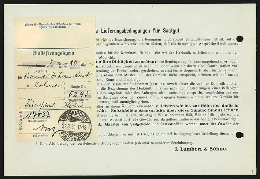 Rechnung Trier 1931, J. Lambert & Söhne, Samenhandlung, Blumenbinderei & Gartenbaubetrieb, Betrieb und Stadtgeschäft