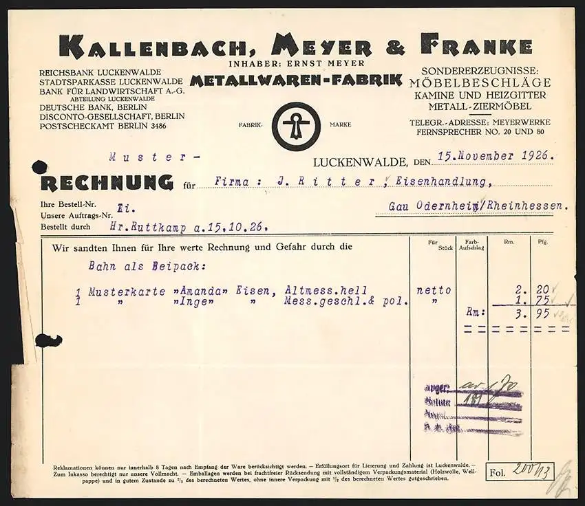 Rechnung Luckenwalde 1926, Kallenbach, Meyer & Franke, Metallwaren-Fabrik, Logo der Fabrikmarke