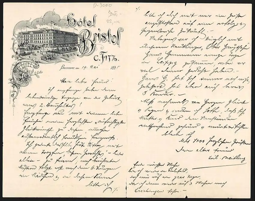 Briefkopf Hannover 1895, C. Fitz, Hotel Bristol, Platz mit Grünanlage vor dem Hotel