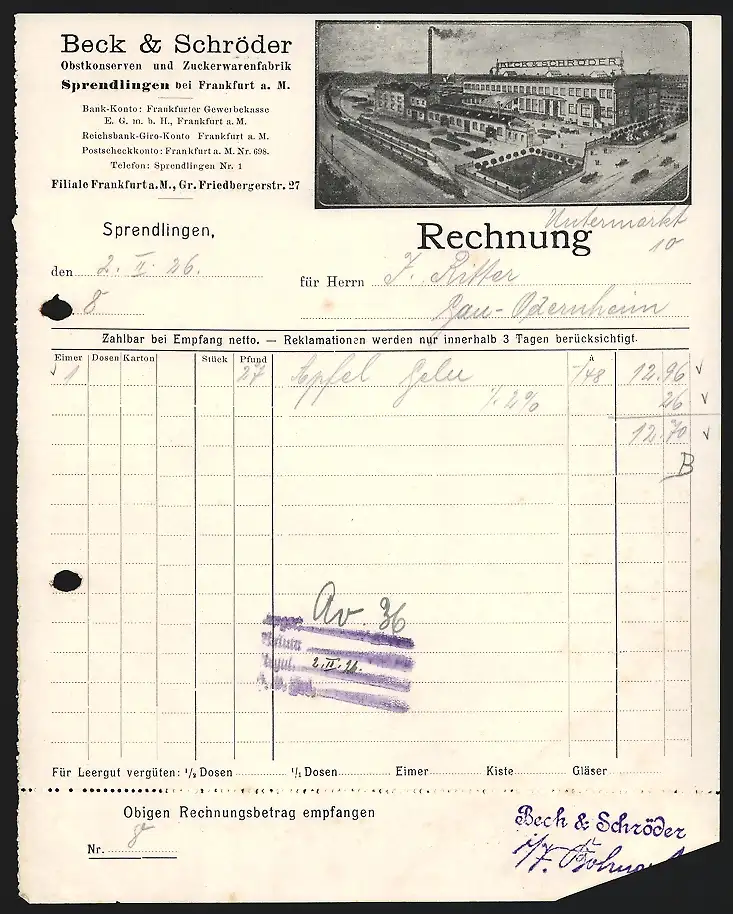Rechnung Sprendlingen 1926, Beck & Schröder, Obstkonserven und Zuckerwarenfabrik, Das Betriebsgelände aus der Vogelschau