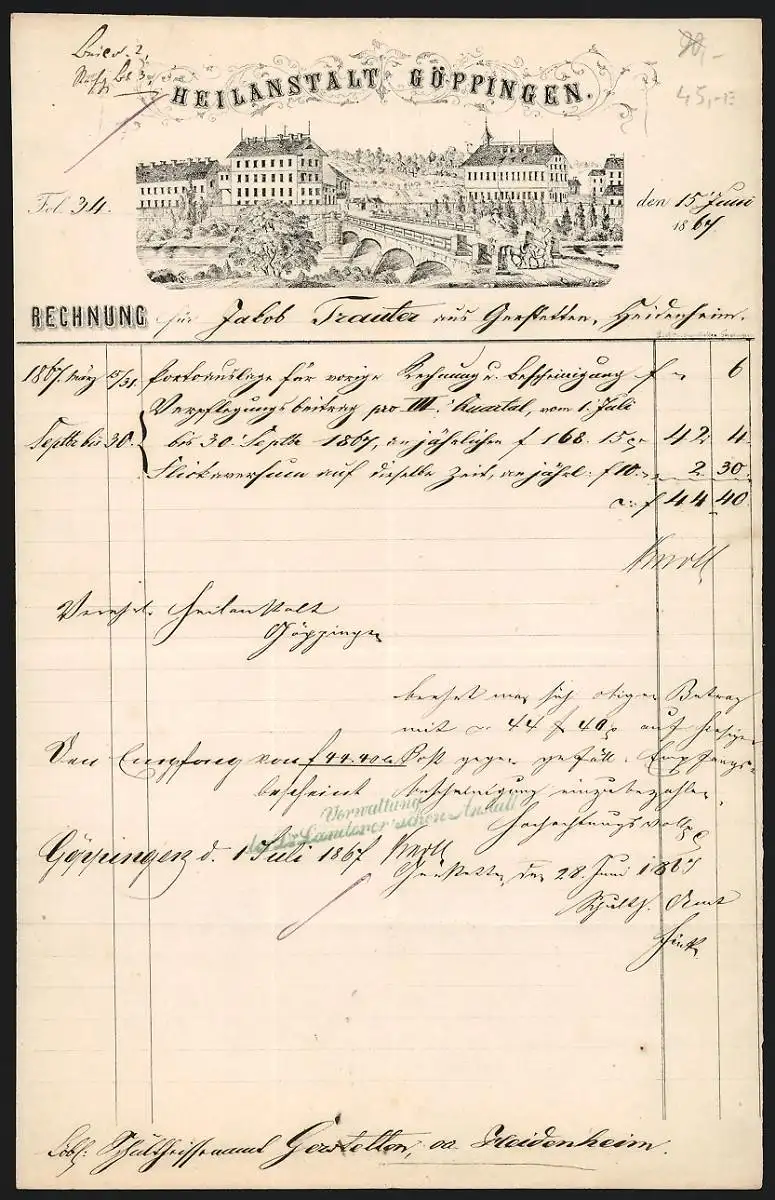 Rechnung Göppingen 1864, Heilanstalt Göppingen, Brücke zum Anstaltsgelände