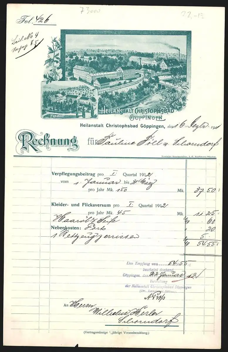 Rechnung Göppingen 1911, Heilanstalt Christophsbad, Blick aufs Anstaltsgelände und den Freihof