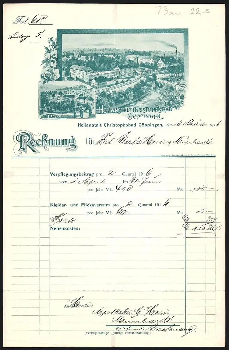 Rechnung Göppingen 1916, Heilanstalt Christophsbad, Blick aufs Anstaltsgelände und den Freihof