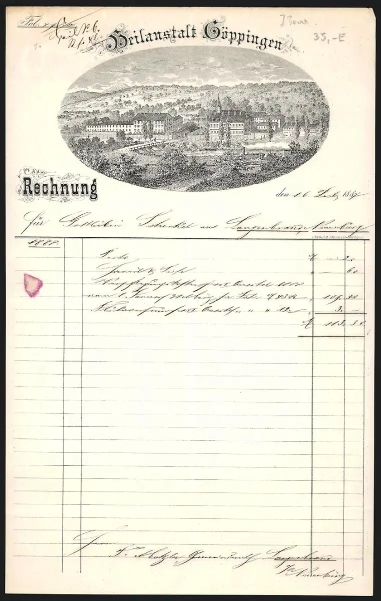 Rechnung Göppingen 1887, Heilanstalt Göppingen, Blick aus der Ferne auf das Anstaltsgelände