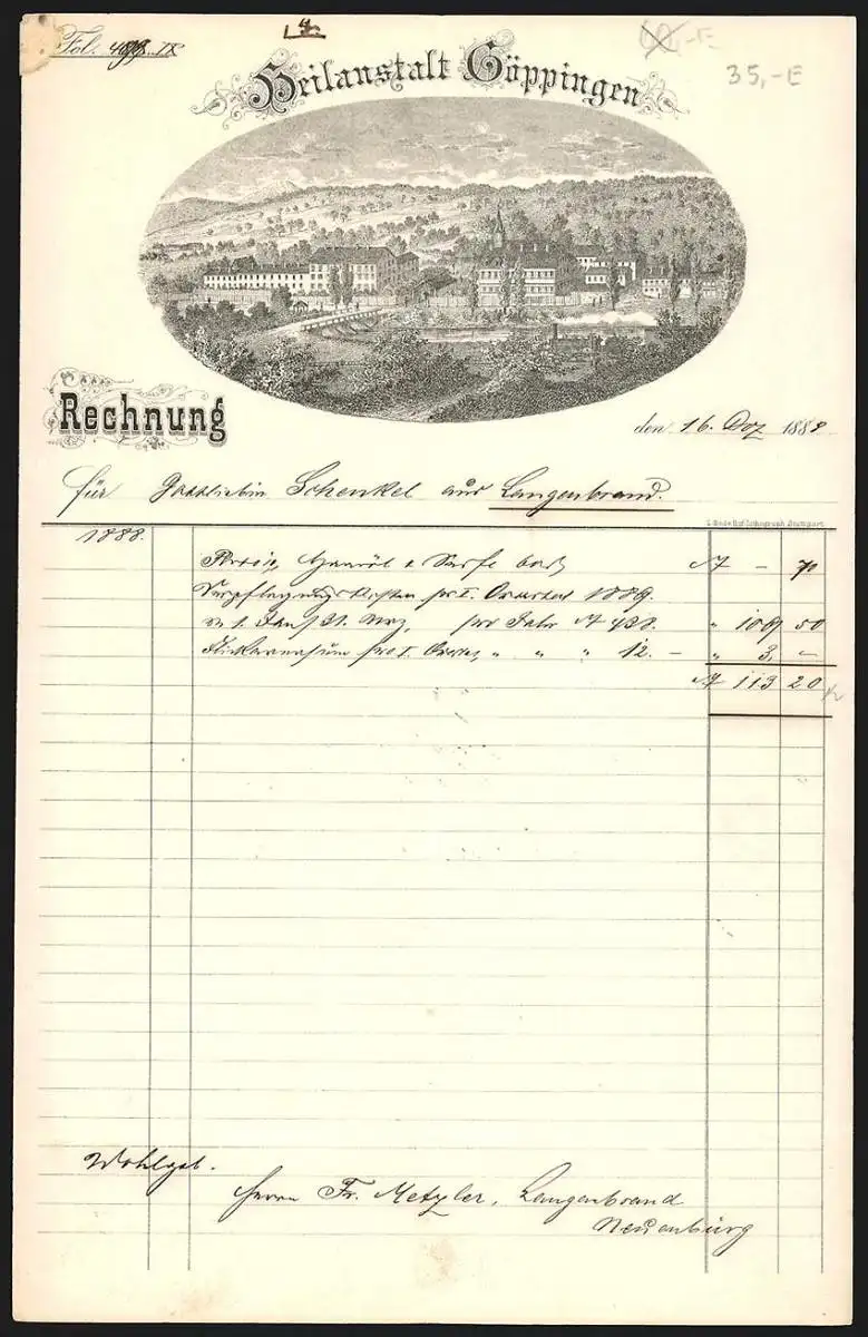 Rechnung Göppingen 1888, Heilanstalt Göppingen, Blick aus der Ferne auf das Anstaltsgelände