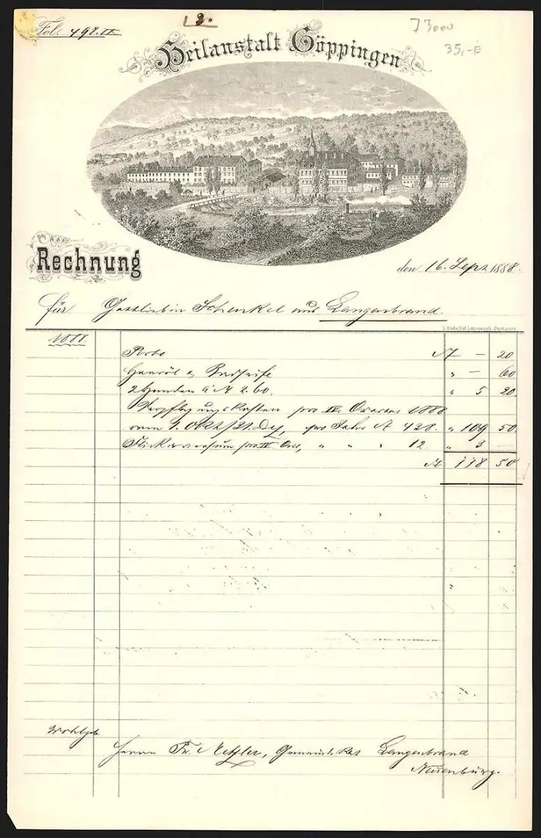 Rechnung Göppingen 1888, Heilanstalt Göppingen, Blick auf das Anstaltsgelände