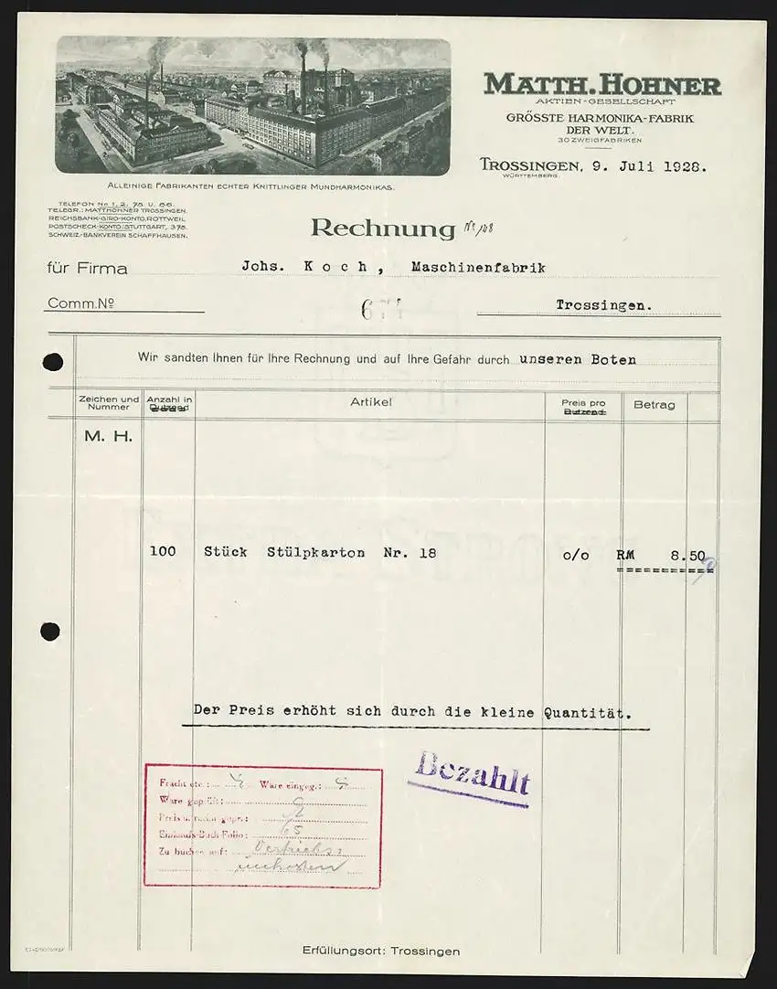 Rechnung Trossingen 1928, Matth. Hohner AG, Harmonika-Fabrik, Gesamtansicht des Betriebes aus der Vogelschau