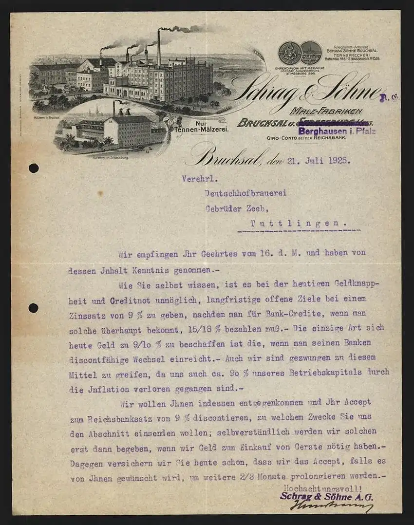 Rechnung Bruchsal 1925, Schrag & Söhne AG, Malz-Fabriken, Ansichten der Betriebe in Bruchsal und Strassburg