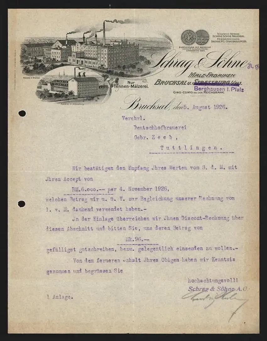 Rechnung Bruchsal 1926, Schrag & Söhne AG, Malz-Fabriken, Ansichten der Werke in Bruchsal und Strassburg
