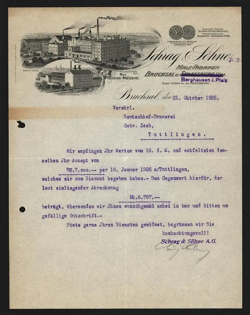 Rechnung Bruchsal 1925, Schrag & Söhne AG, Malz-Fabriken, Ansichten der Mälzereien in Bruchsal und Strassburg