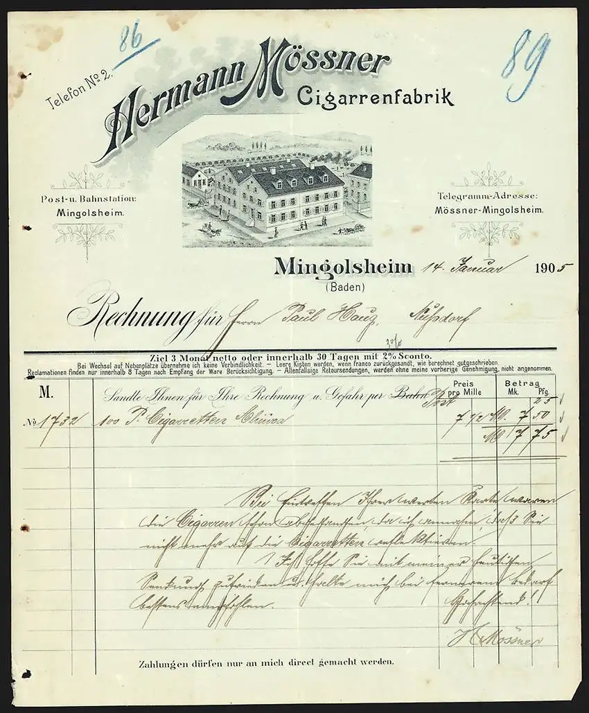 Rechnung Mingolsheim 1905, Hermann Mössner, Cigarrenfabrik, Das Betriebsgelände aus der Vogelschau