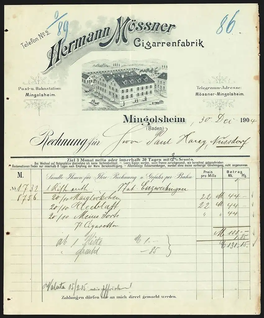 Rechnung Mingolsheim 1904, Hermann Mössner, Cigarrenfabrik, Das Betriebsgelände aus der Vogelschau