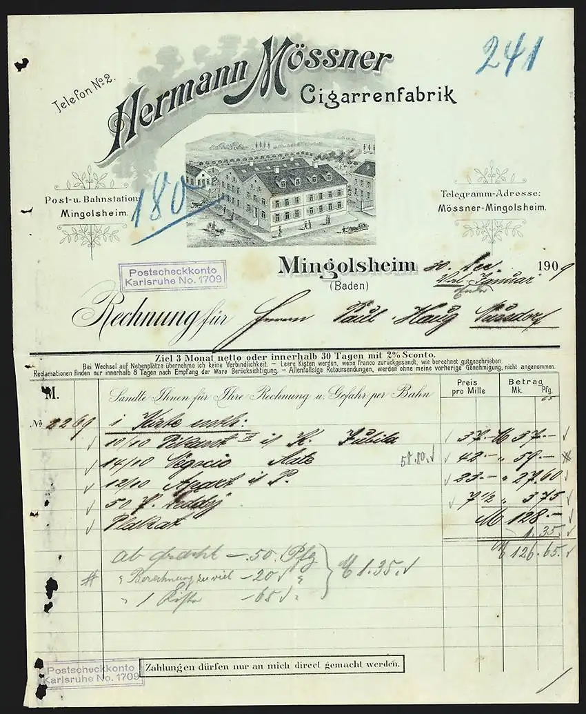 Rechnung Mingolsheim 1909, Hermann Mössner, Cigarrenfabrik, Das Betriebsgelände aus der Vogelschau
