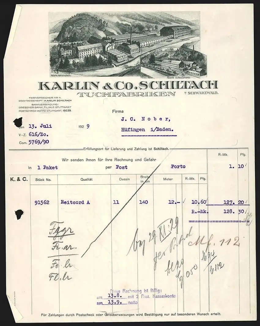 Rechnung Schiltach i. Schwarzwald 1929, Karlin & Co., Tuchfabriken, Ansichten der Werke Hohenstein und Schlossmühle
