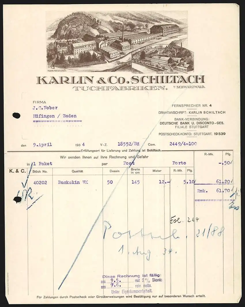 Rechnung Schiltach i. Schwarzwald 1934, Karlin & Co., Tuchfabriken, Ansichten der Werke Hohenstein und Schlossmühle