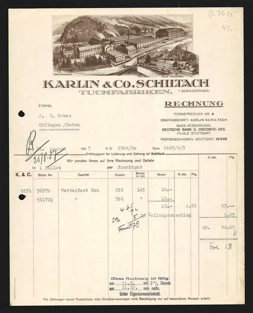 Rechnung Schiltach i. Schwarzwald 1937, Karlin & Co., Tuchfabriken, Ansichten der Werke Hohenstein und Schlossmühle