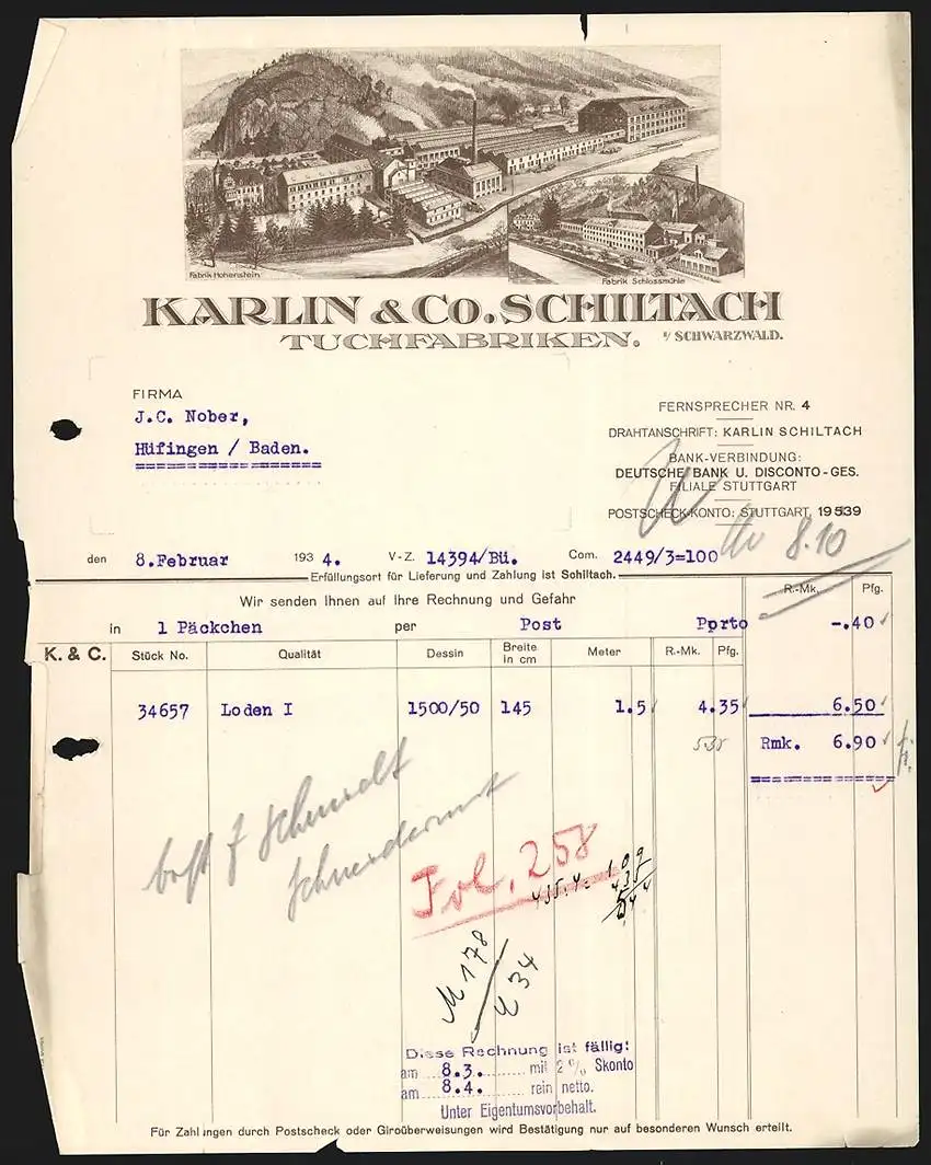 Rechnung Schiltach i. Schwarzwald 1934, Karlin & Co., Tuchfabriken, Ansichten der Betriebe Hohenstein und Schlossmühle