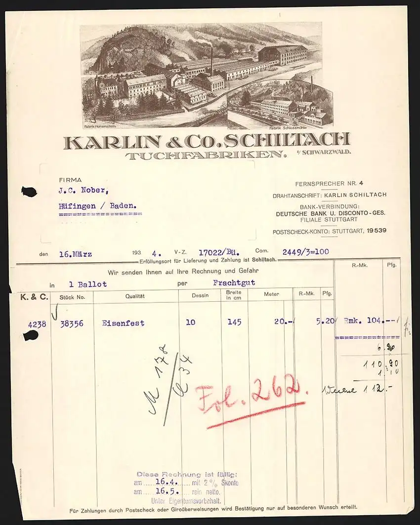 Rechnung Schiltach i. Schwarzwald 1934, Karlin & Co., Tuchfabriken, Ansichten der Fabriken Hohenstein und Schlossmühle
