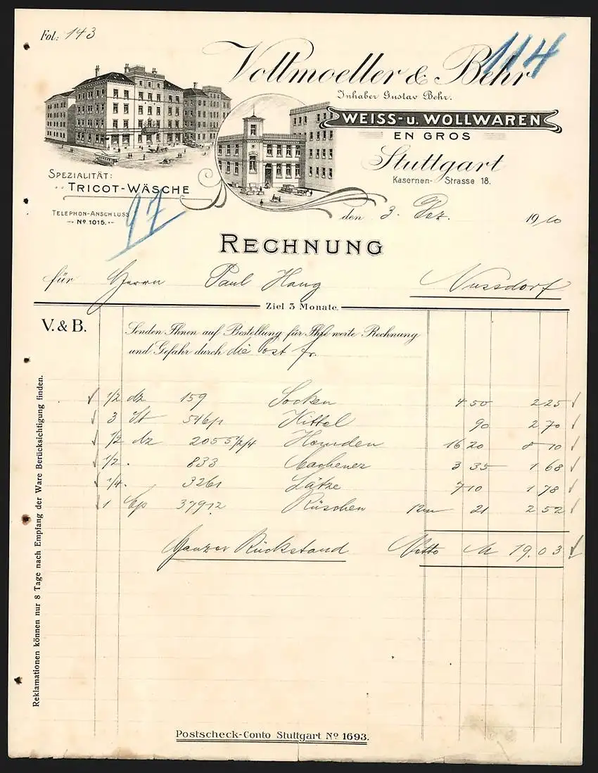 Rechnung Stuttgart 1910, Vollmoeller & Behr, Weiss- & Wollwaren, Kasernen-Strasse 18, Ansicht zweier Geschäftsstellen