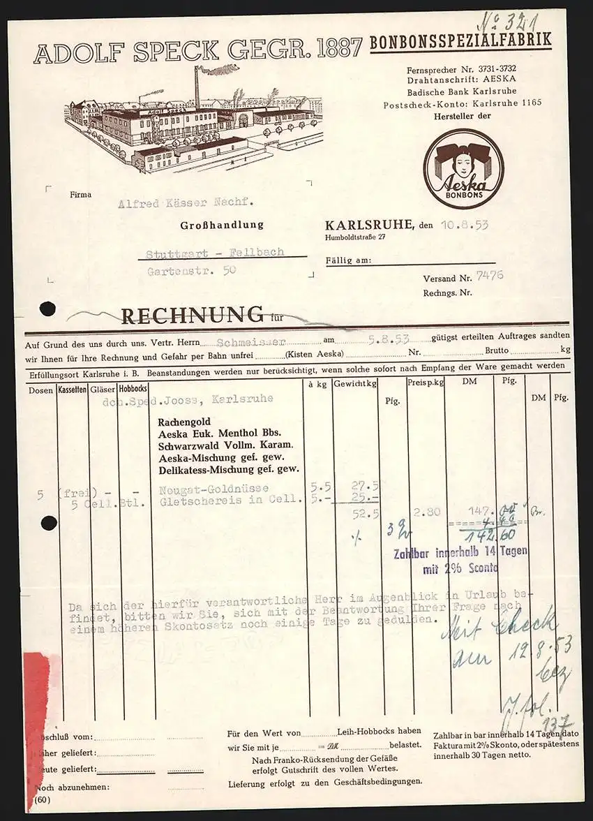 Rechnung Karlsruhe 1953, Adolf Speck, Bonbonspezialfabrik, Betriebsgelände und Schutzmarke Aeska-Bonbons