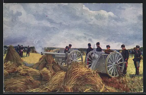 AK Notre glorieux 75, belgische Feldgeschütze in Feuerstellung