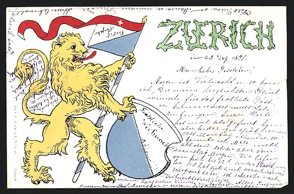 Künstler-AK Zürich, Wappen, Löwe mit Schweizer Fahne