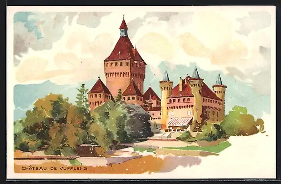 Künstler-AK Vufflens, Château de Vufflens, Reklame für Chocolat Kohler