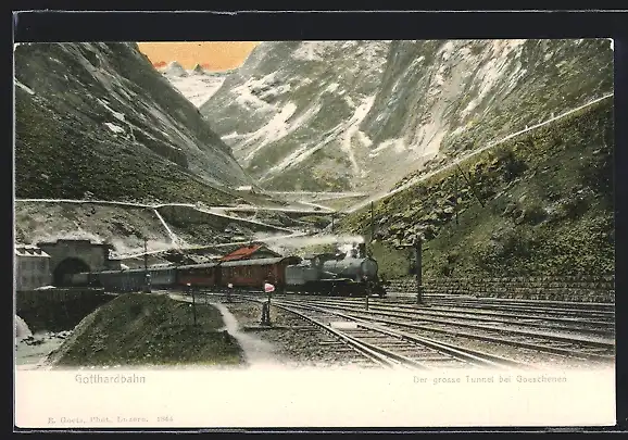 AK Gotthardbahn den grossen Tunnel bei Goeschenen verlassend