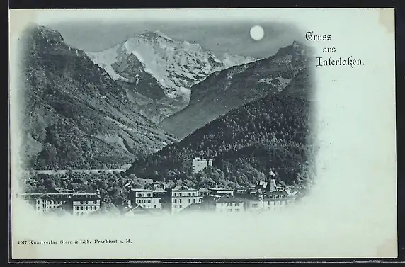 Mondschein-AK Interlaken, Ortsansicht aus der Vogelschau