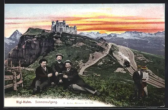 AK Rigi-Kulm, Wanderer bei Sonnenaufgang mit Dampfzug