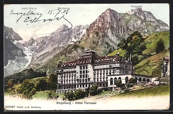 AK Engelberg, Hôtel Terrasse mit Juchli und Widderfeld