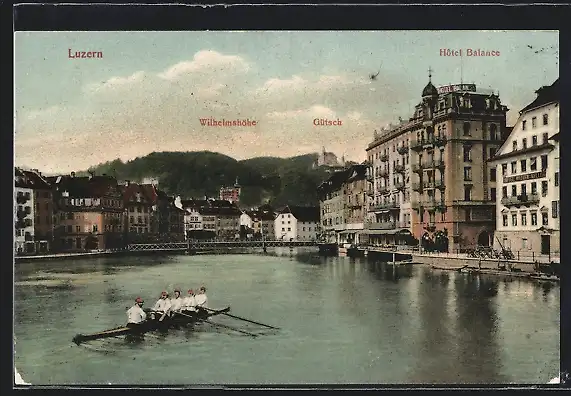 AK Luzern, Hotel Balance mit Wilhelmshöhe und Gütsch, Ruderboot