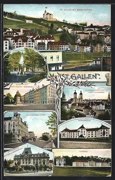 AK St. Gallen, Scheffelstein, Marktplatz mit Vadian-Denkmal, Rosenbergstrasse, Bürgerheim, Stiftskloster