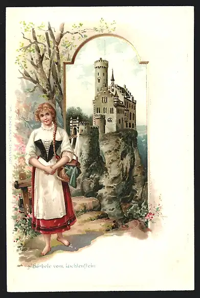 Passepartout-Lithographie Lichtenstein, Burg, junges Fräulein trägt Korsett über dem Kleid