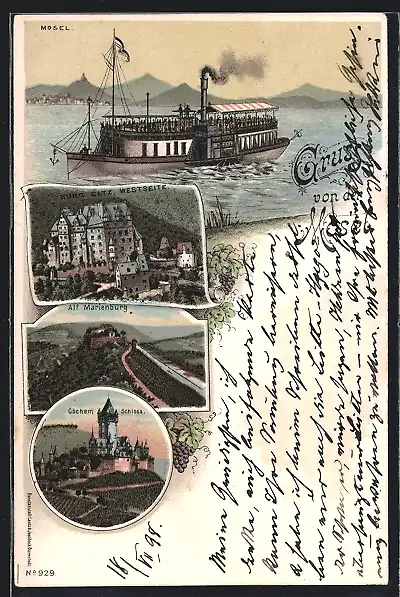Lithographie Cochem, Schloss, Moseldampfer, Burg Etz