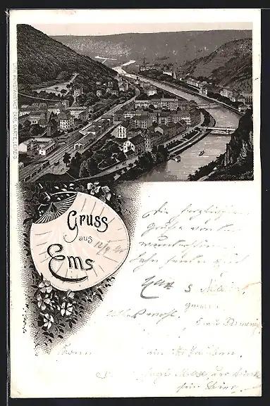 Vorläufer-Lithographie Ems, 1895, Teilansicht mit Bahnhof