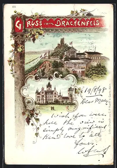 Lithographie Drachenfels, Schloss mit Gasthaus