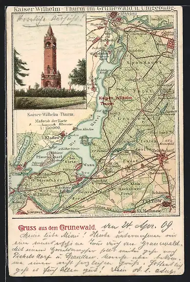 Lithographie Berlin-Grunewald, Kaiser Wilhelm-Turm, Landkarte mit Teltow, Zehlendorf und Spandauer Forst