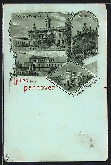 Mondschein-Lithographie Hannover, Technische Hochschule, Marienburg, Theater