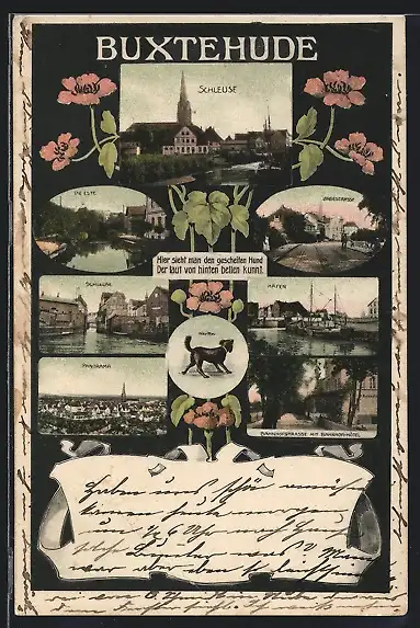 AK Buxtehude, Schleuse, Hafen, Bahnhofstrasse mit Bahnhof-Hotel
