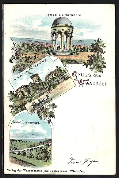 Lithographie Wiesbaden, Tempel auf dem Neroberg, Restauration, Viadukt d. Nerobergbahn