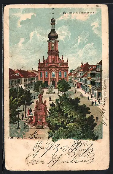 Lithographie Rastatt, Kaiserstrasse mit Stadtkirche und Denkmal