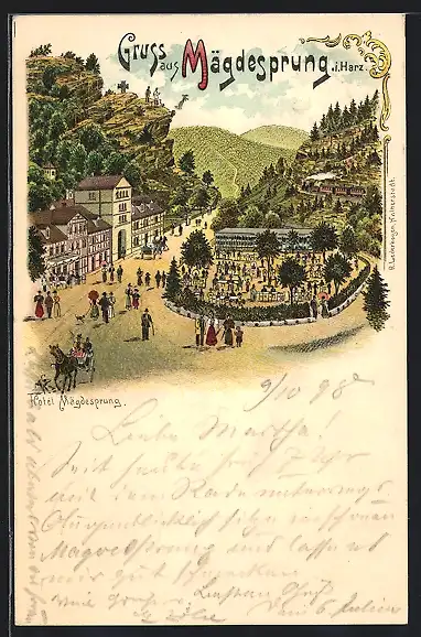 Lithographie Mägdesprung i. Harz, Strassenpartie am Hotel Mägdesprung