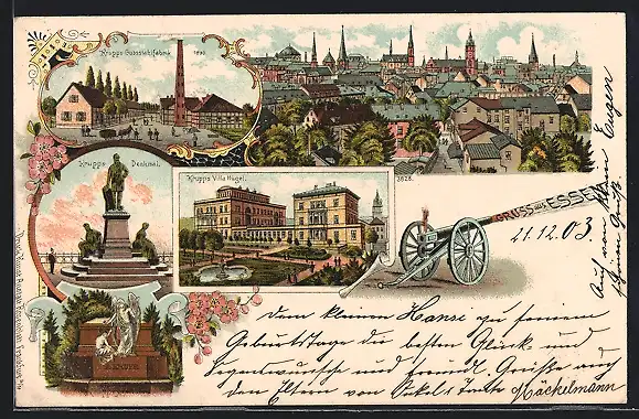 Lithographie Essen, Krupps Gussstahlfabrik, Krupp-Denkmal, Ortsansicht