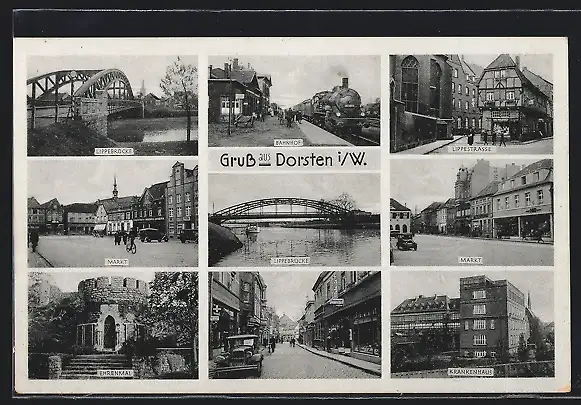 AK Dorsten i. W., Lippebrücke, Lipperstrasse, Krankenhaus, Bahnhof