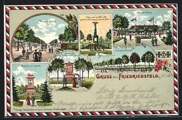Lithographie Friedrichsfeld / Niederrhein, Wilhelm-Strasse, Franzosen-Friedhof, Offziers-Casino