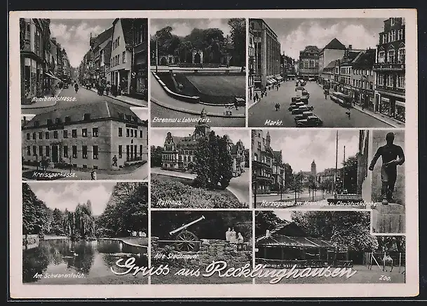AK Recklinghausen, Kunibertstrasse mit Geschäften, Kreissparkasse, Rathaus