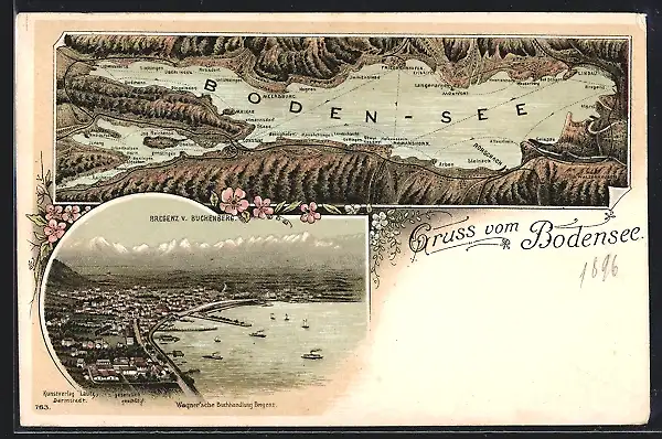 Lithographie Bregenz, Topographische Karte des Bodensees