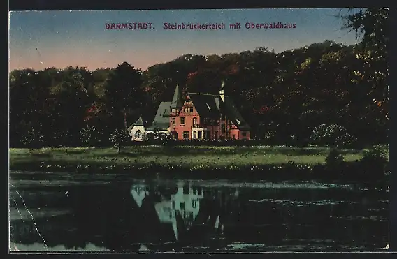 AK Darmstadt, Steinbrückerteich mit Restaurant Oberwaldhaus