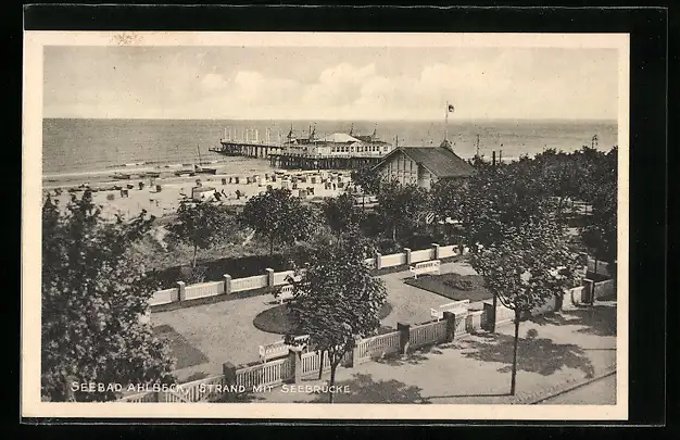 AK Ahlbeck /Ostsee, Strand mit Anlagen und Seebrücke